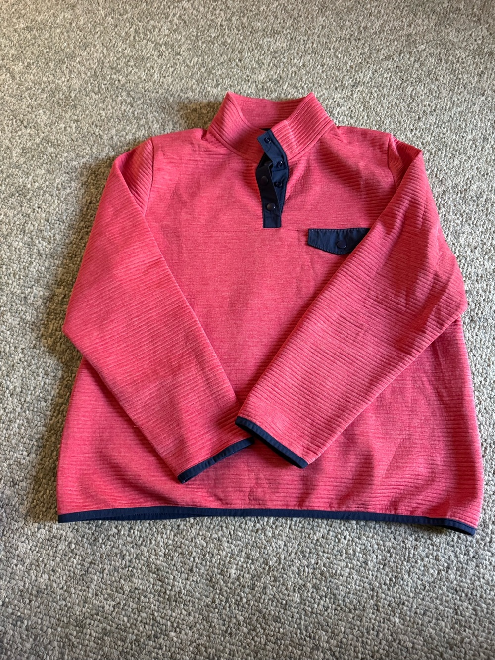 J. Crew Factory Coral Pink Zip-Style Mock Neck Sweater with Navy Trim
